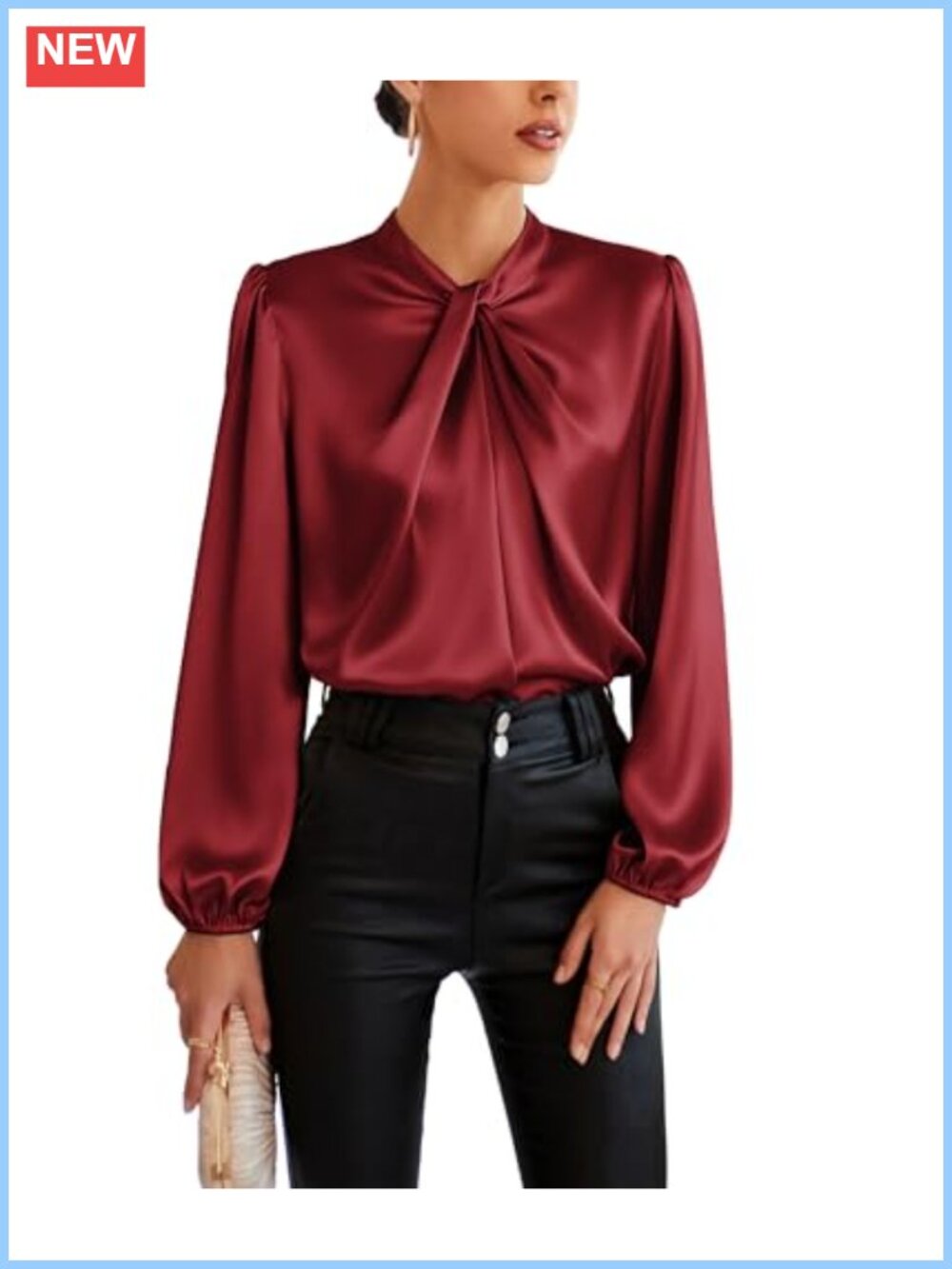 Satin Long Sleeve Business Blouse Twist Mock Neck Lantern Sleeve Office Top